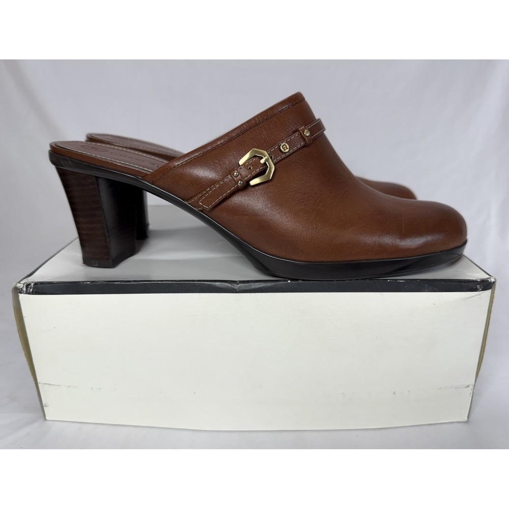 NWOB~9.5 Genuine Leather Etienne Aigner  Mules with Buckle. Like new.